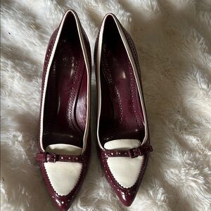 Tory Burch Burgundy and Cream Buckle Heels 9